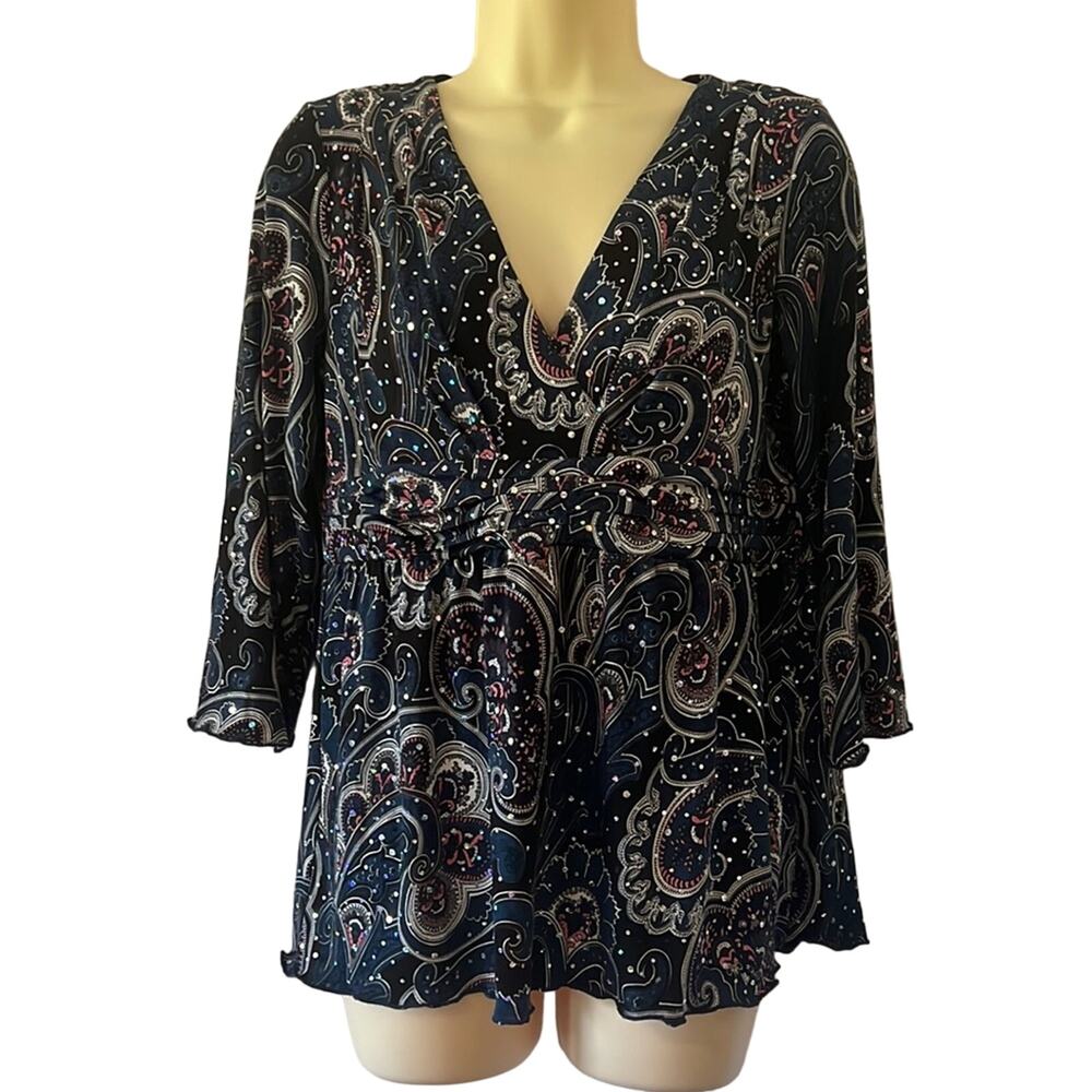 INC International Concepts Blue Paisley Print Knit Top Sparkle Dots Size Lg Y2K